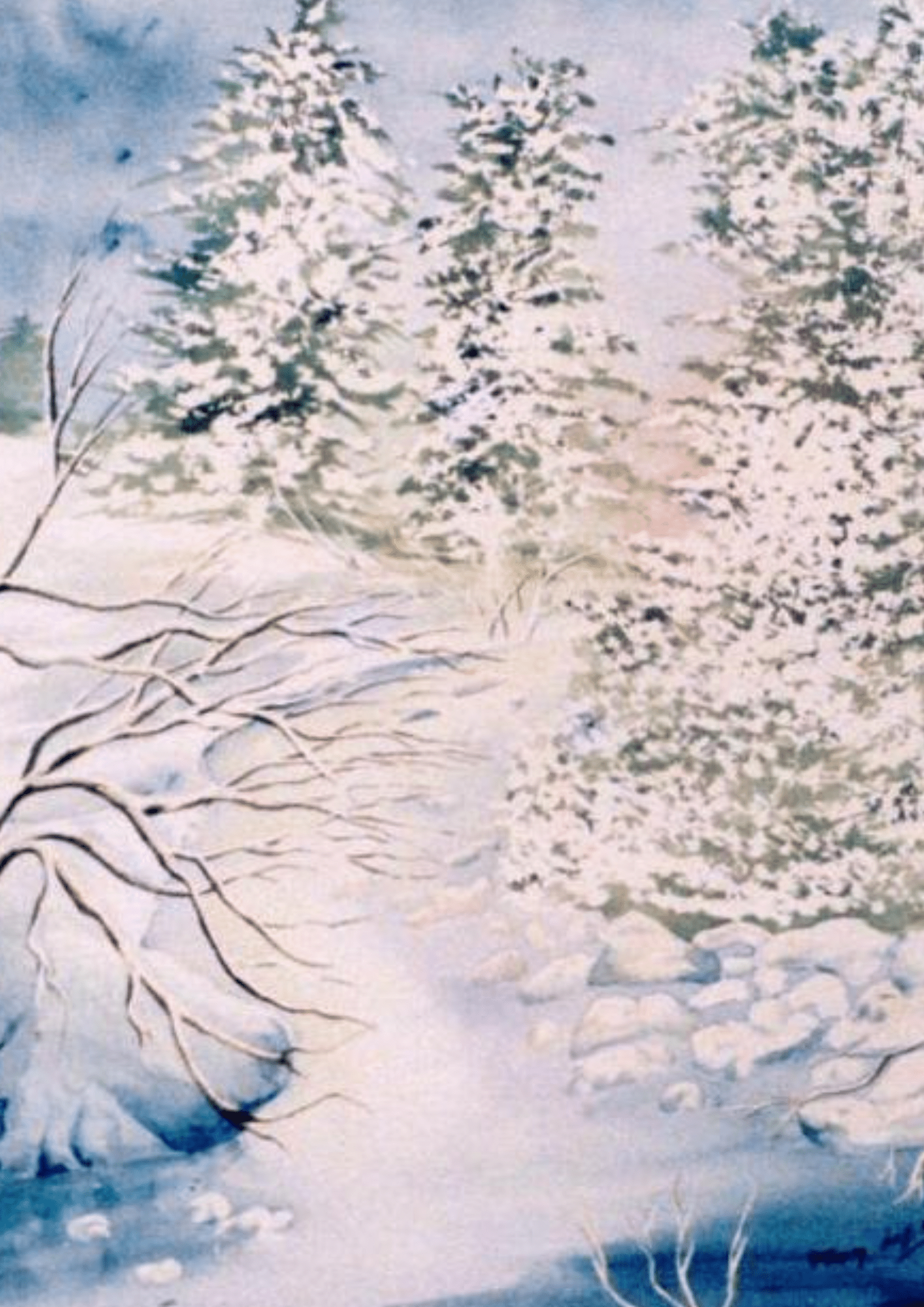Ruisseau sous la neige | Aquarelle 40×30 cm Fanny Laffitte artiste peintre, aquarelliste & énergéticienne